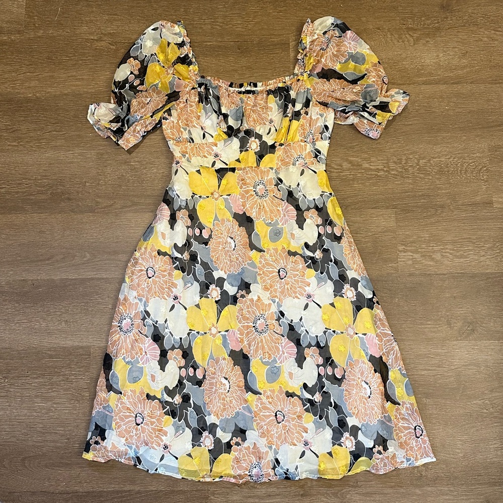 NWT Lena yellow/coral/black floral puff-sleeve dress